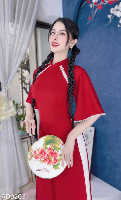 Red Ao Dai Silk With Wide Sleeves | Pre-made Modern Ao Dai For Women