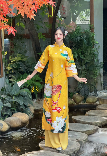 Vietnamese Yellow Ao Dai with Lotus & Conical Hat Pattern – Traditional Festival Dress for Women | No Pants
