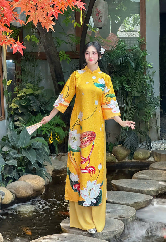 Vietnamese Yellow Ao Dai with Lotus & Conical Hat Pattern – Traditional Festival Dress for Women | No Pants
