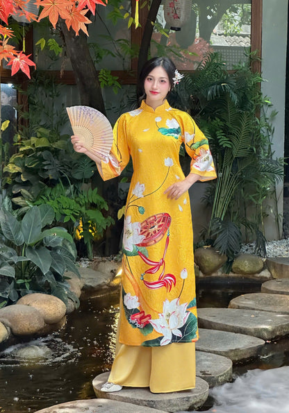 Vietnamese Yellow Ao Dai with Lotus & Conical Hat Pattern – Traditional Festival Dress for Women | No Pants