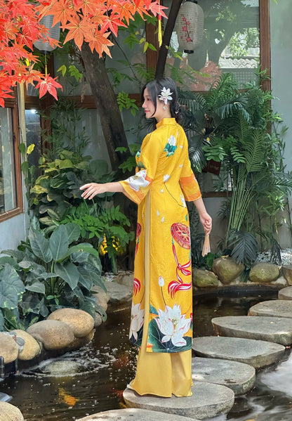 Vietnamese Yellow Ao Dai with Lotus & Conical Hat Pattern – Traditional Festival Dress for Women | No Pants