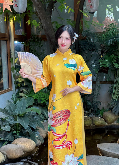 Vietnamese Yellow Ao Dai with Lotus & Conical Hat Pattern – Traditional Festival Dress for Women | No Pants