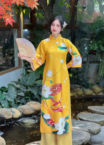 Vietnamese Yellow Ao Dai with Lotus & Conical Hat Pattern – Traditional Festival Dress for Women | No Pants