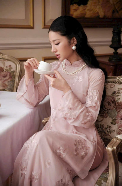 Blush Pink Embroidered Ao Dai – Vietnamese Traditional Dress with Sheer Sleeves with Pants