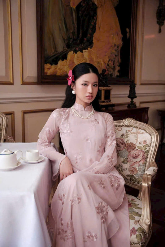 Blush Pink Embroidered Ao Dai – Vietnamese Traditional Dress with Sheer Sleeves with Pants