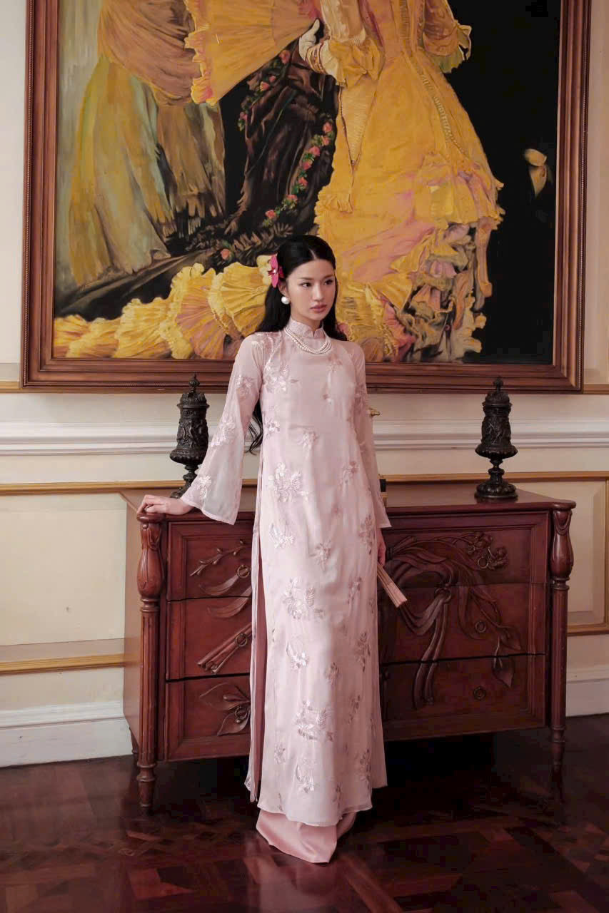 Blush Pink Embroidered Ao Dai – Vietnamese Traditional Dress with Sheer Sleeves with Pants
