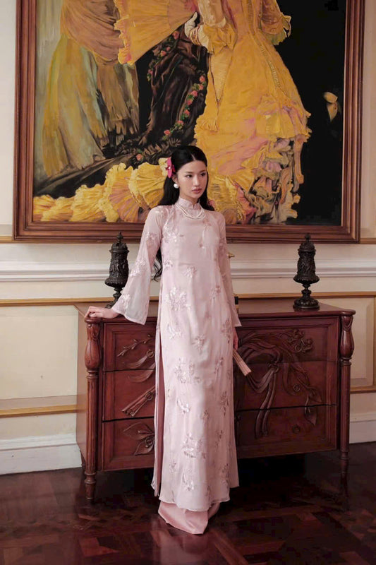 Blush Pink Embroidered Ao Dai – Vietnamese Traditional Dress with Sheer Sleeves with Pants