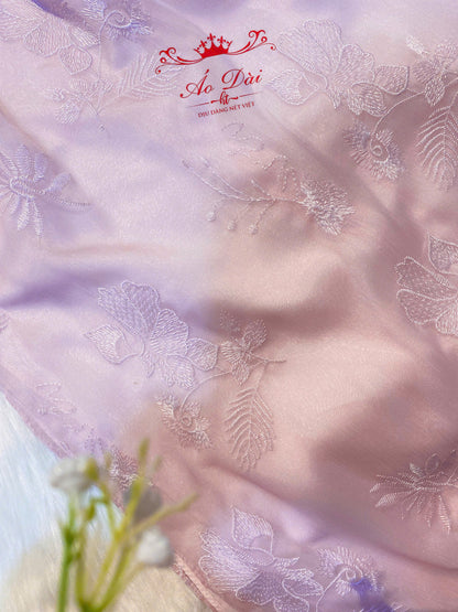 Blush Pink Embroidered Ao Dai – Vietnamese Traditional Dress with Sheer Sleeves with Pants